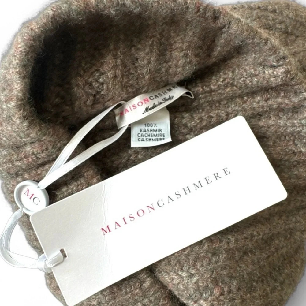 Maison Cashmere Ribbed Fisherman Beanie Brown Gray Knit Winter Hat Unisex NWT⁠